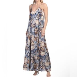 Tahari Asl slip-dress palm print satin maxi NWT with pockets navy/tan flowy